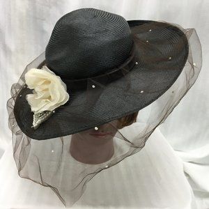 Black Georgi Sun Hat w/ Brown Veil & White Flower